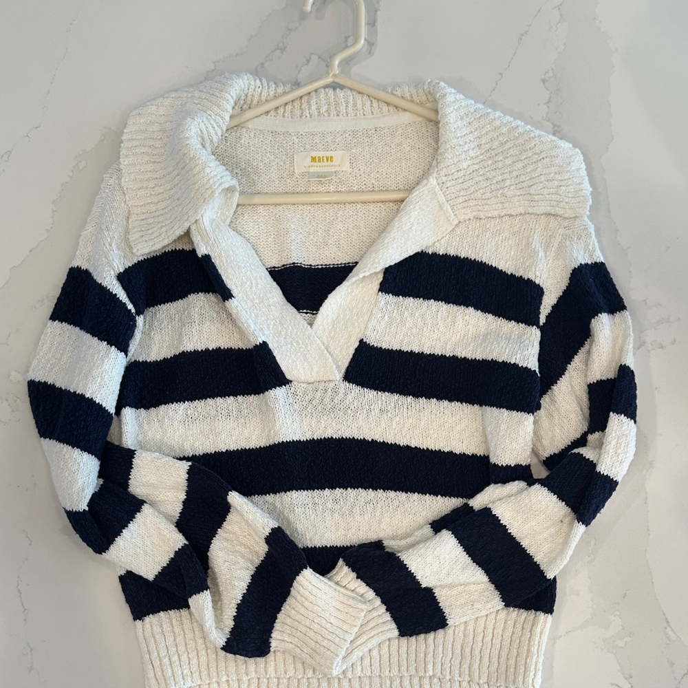 Anthropologie Maeve Navy & Cream Striped V-Neck Fold-Over Collar Sweater size XS